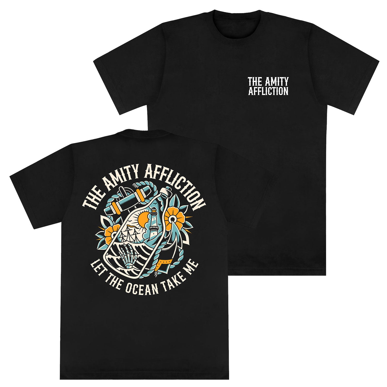 Black Comfort Colors T-shirt by The Amity Affliction with band text on the front left chest; back print features a skeleton hugging an anchor with flowers, plus "THE AMITY AFFLICTION" and "LET THE OCEAN TAKE ME" text.