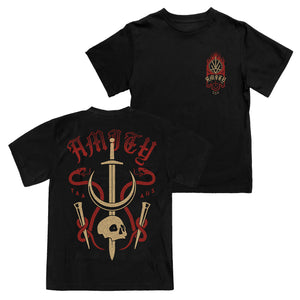 The Amity Affliction black Gildan T-shirt features a small red and gold flaming AMITY 333 design on the front, and a bold back print with AMITY, swords, a skull, red ribbons, TAA, and AUS. Perfect for fans of striking cotton tees.