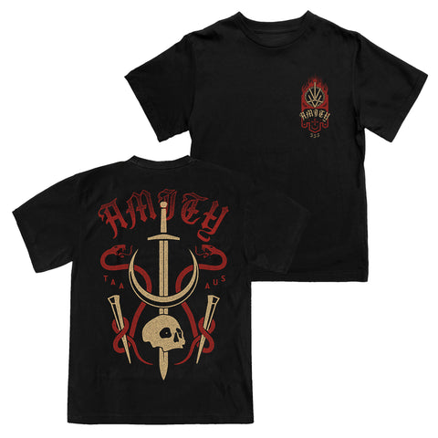 The Amity Affliction black Gildan T-shirt features a small red and gold flaming AMITY 333 design on the front, and a bold back print with AMITY, swords, a skull, red ribbons, TAA, and AUS. Perfect for fans of striking cotton tees.