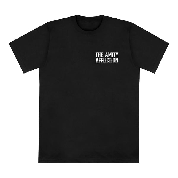 A plain black Comfort Colors T-shirt by The Amity Affliction with the band's name in bold white uppercase letters on the left chest—ideal for fans seeking high-quality printed apparel.