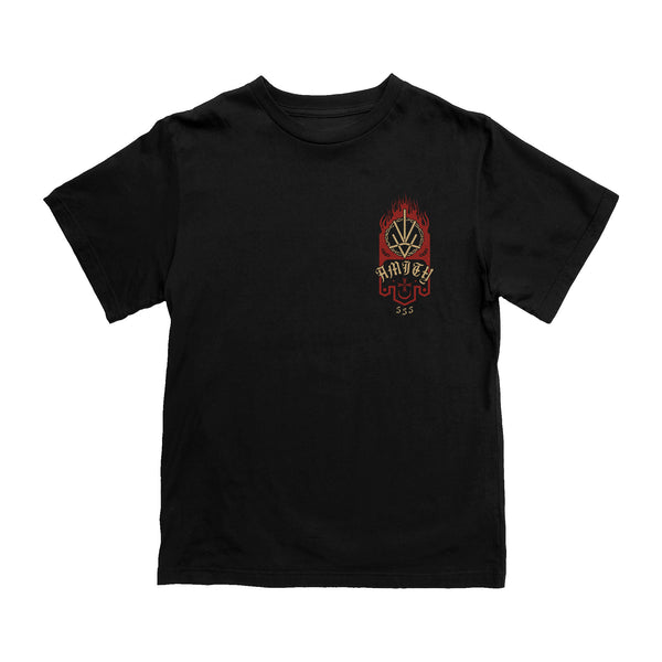 Black Gildan T-shirt by The Amity Affliction featuring a small red and white flaming graphic above HAVEN and the number 555 on the left chest. Made of cotton with short sleeves and a crew neckline.