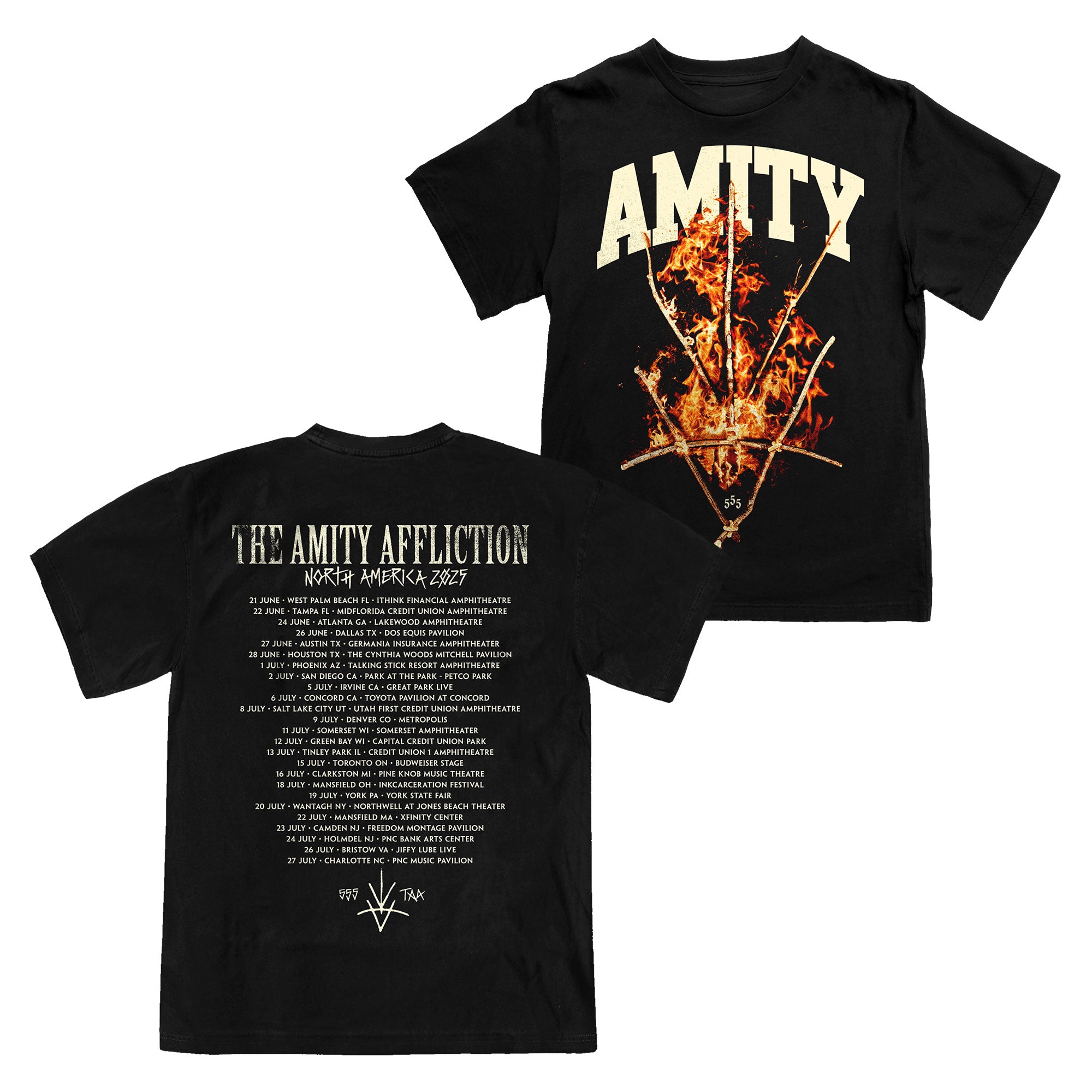 Black Gildan cotton t-shirt by The Amity Affliction with AMITY and a fiery logo on the front. Back displays bold white printed tour dates and locations for The Amity Affliction North America 2023.