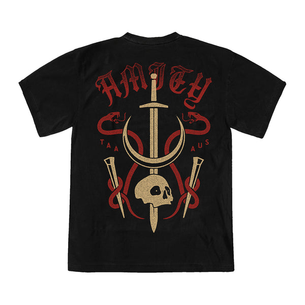 The Amity Affliction black Gildan t-shirt features a bold red and tan graphic on the back with a sword through a crescent, skull, two daggers, AMITY at the top, and TAA AUS on the sides. Made from quality cotton for comfort.