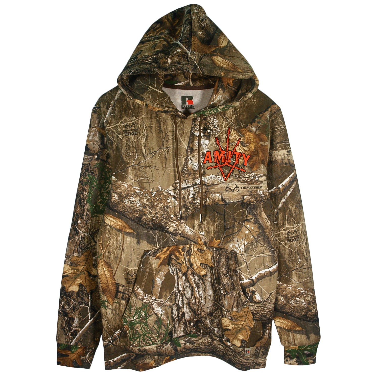 This Russell Outdoors hoodie, by The Amity Affliction, features a camouflage forest pattern, bold orange "AMITY" lettering with a trident graphic, a front pocket, and classic hooded comfort.