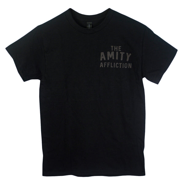 A classic fit black tee by The Amity Affliction, made from 100% cotton for comfort and durability, featuring the band name printed in gray on the upper left chest.