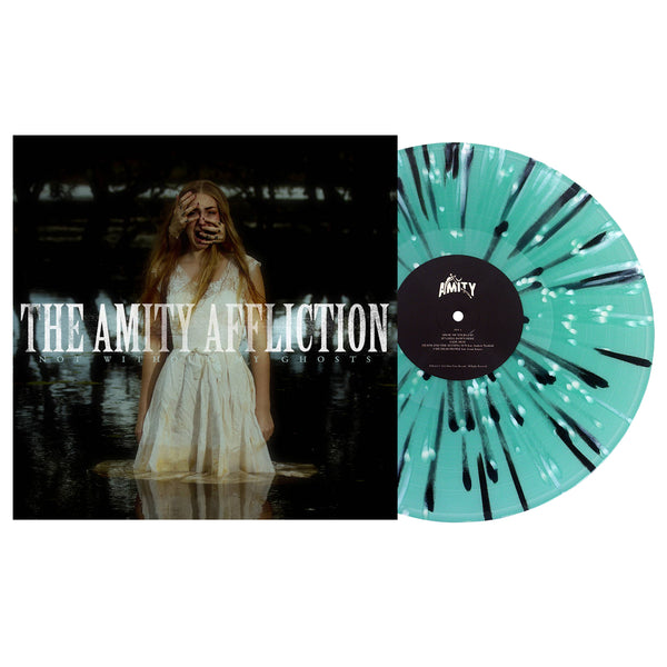 image of the Not Without My Ghosts Blue With  White, Black, & Bone Splatter Vinyl record on a white background. record is on the right, cover is on the left. cover is of a woman standing in water wearing a white dress with two arms grabbing her face from behind. across the cover says the amity affliction