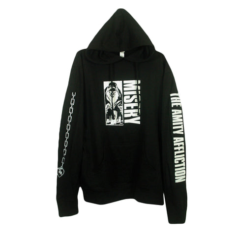 A black pullover hoodie by The Amity Affliction featuring MISERY and a grim reaper on the front, a white chain design on the left sleeve, and THE AMITY AFFLICTION text on the right sleeve.