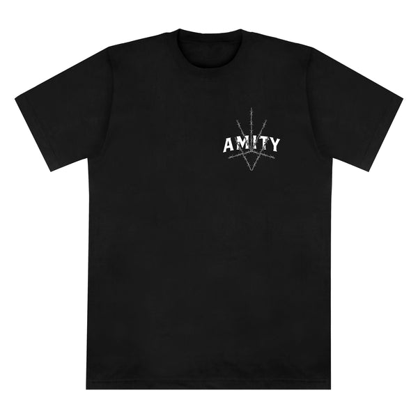 Black Gildan cotton T-shirt by The Amity Affliction features “AMITY” in white distressed print on the left chest, with five barbed wire lines forming a “V” behind the text. The rest of this printed shirt is plain.