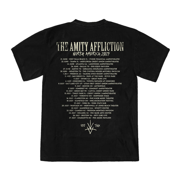 A black cotton T-shirt by The Amity Affliction featuring bold North America 2024 text and tour dates on the back in white, plus a band logo—ideal for fans seeking quality official merch.