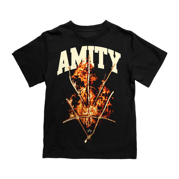 Black Gildan cotton t-shirt by The Amity Affliction with AMITY in cream letters, a triangle of burning sticks, flames, and 555 below. Ideal for fans of distinctive graphic tees.