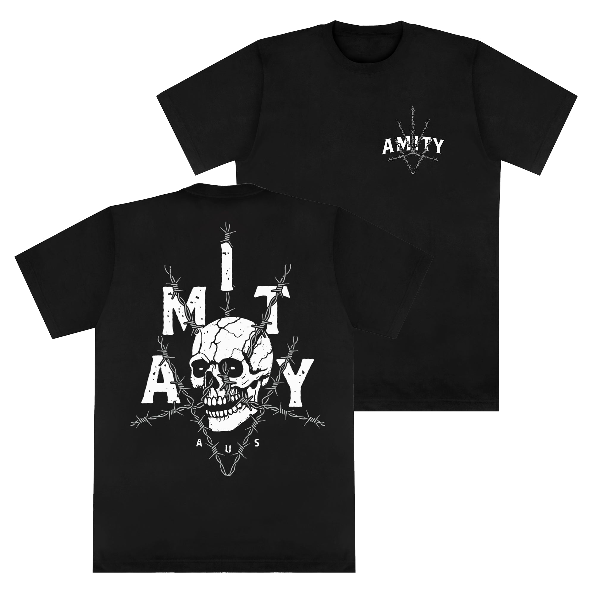 Black Gildan cotton t-shirt by The Amity Affliction featuring AMITY in white on the front left chest and a large white skull with bold distressed AMITY lettering and arrows on the back. Ideal for fans of standout printed designs.
