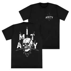 Black Gildan cotton t-shirt by The Amity Affliction featuring AMITY in white on the front left chest and a large white skull with bold distressed AMITY lettering and arrows on the back. Ideal for fans of standout printed designs.