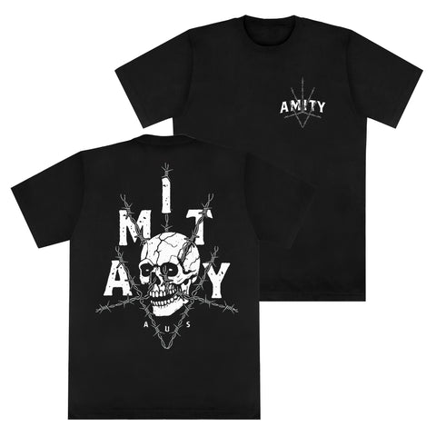 Black Gildan cotton t-shirt by The Amity Affliction featuring AMITY in white on the front left chest and a large white skull with bold distressed AMITY lettering and arrows on the back. Ideal for fans of standout printed designs.