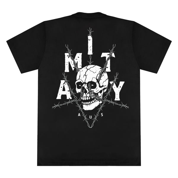 Black t-shirt by The Amity Affliction, made from soft Gildan cotton, featuring a white cracked skull with barbed wire and bold MT ATY AUS lettering arranged around and below the graphic.