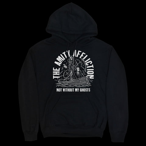 image of a black pullover hoodie. front print in white of a man and a grim reaper on a boat. arched above that says the amity affliction. below says not without my ghosts