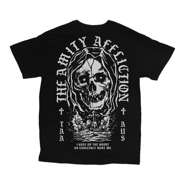 image of the back of a black tee shirt on a white background. tee has a full back print in grey of a skull face over a cementary. arched around that says the amity affliction. across the bottom says i gave up the ghost so endlessly bury me