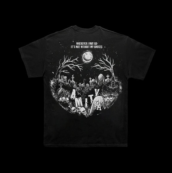 image of the back of a black tee shirt. tee has full white print of a cementry with trees, headstones and the word amity