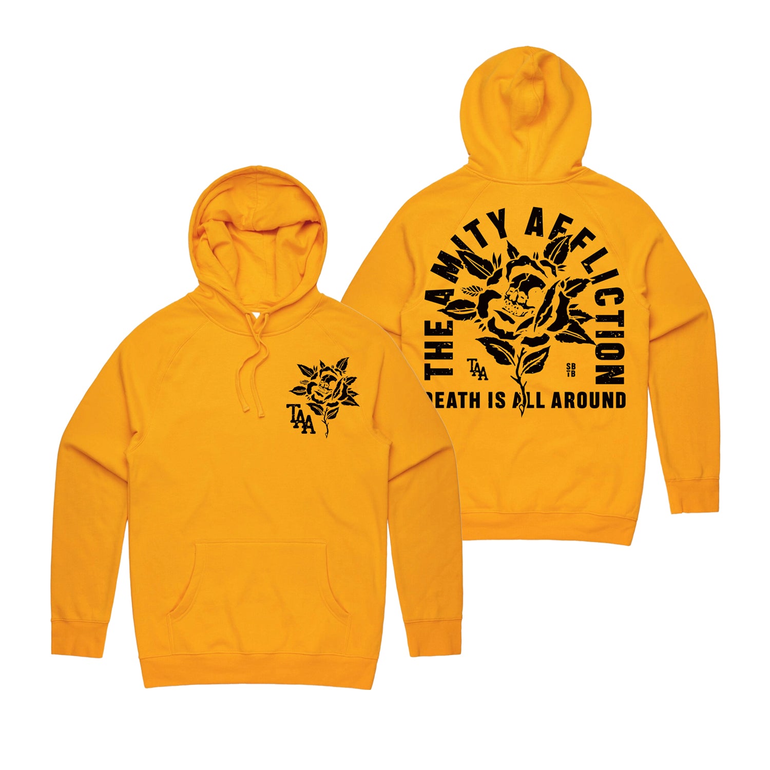 image of the front and back of a gold pullover hoodie on a white background. front of the hoodie is on the left and has a small right chest print in black of a flower with a skull in it and the letters T A A. the back is on the right and has a full back print in black of a flower with a skull in the center. arched around says the amity affliction. across the bottom says death is all around us
