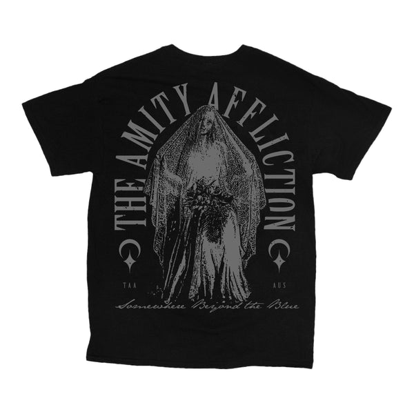 image of the back of a black tee shirt on a white background.  the tee has a full back print in grey of a bride with a veil. arched around the bride says the amity affliction. in cursive across the bottom says somewhere beyond the blue