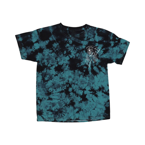 image of the front of a black and teal tie dye tee shirt on a white background.  the front of the tee has a small right chest print in white of a grim reaper