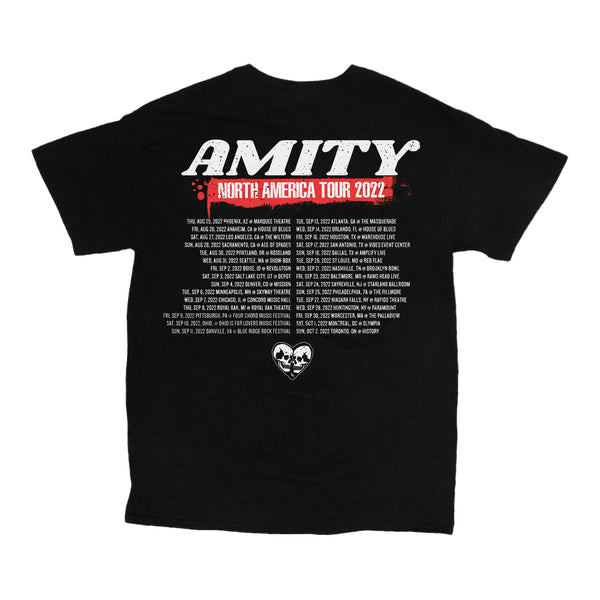 image of the back of a black tee shirt on a white background. the tee has a full back print of the tour dates and locations. aross the top says amity north american tour 2022