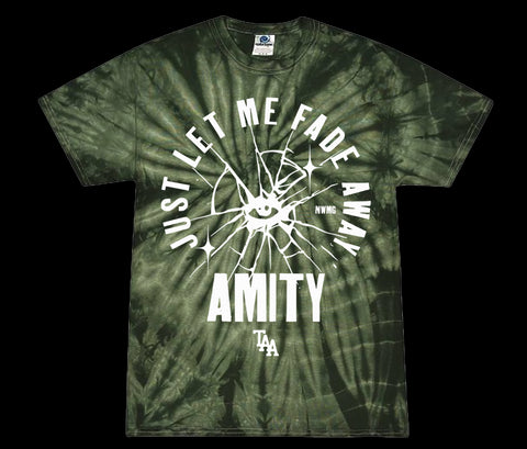 image of a green spider tie dye tee shirt. tee has full body print in white that says just let me fade away, amity. with an eye in the center