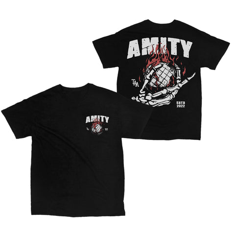 image of the front and back of a black tee shirt on a white background. front of the tee is on the left and has a small right chest print of a globe on fire. above in white says amity. the back of the tee is on the right and has a skeleton hand holding a burning globe. at the top in white says amity
