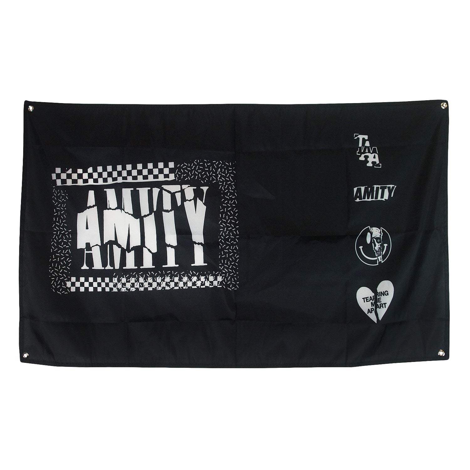 image of a black wall flag on a white background. flag has white print that says amity on the left. on the left stacked says T A A , amity, a smiley face, and a broken heart that says tearing me apart