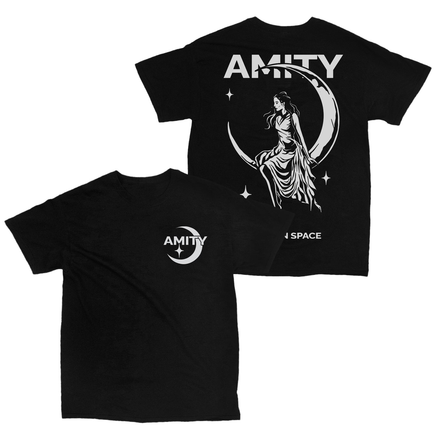 Image of the front and back of a black tshirt against a white background. The left chest of the shirt says Amity in white text and behind it is an image of a crescent moon. Below the M in amity is a small white star. The back of the tshirt says Amity across the shoulders in white text. There is a larger graphic of a crescent moon with a woman in a dress sitting on it, looking to her left. she is surrounded by several stars. Below this graphic in white text it says I'll be in space.