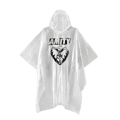 Image of a clear plastic rain poncho against a white background. The center of the poncho has a black rectangle that says Amity in clear text. Below that is an image of a spiked heart that says TAA in the center of it. The heart is made of a spiky animal trap.