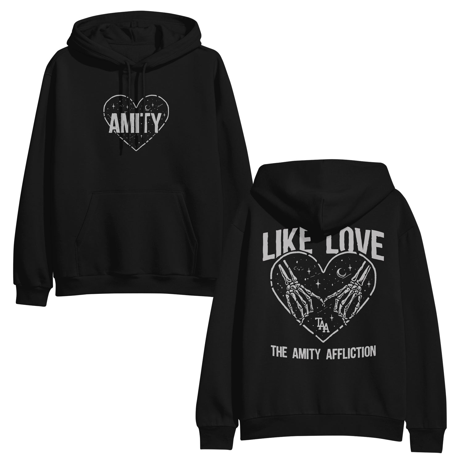 front & back image of a black pullover hoodie on a white background. . The front of the hoodie has a white heart outline filled with stars & a small crescent moon. On top of that in white bold text it says Amity.the back Across the shoulder area in white says Like love. Below that is and outlined heart filled with stars and a small crescent moon. Two skeleton hands holding pinky fingers are also inside. Below the hands it says TAA. Below the heart in white text it says the amity affliction