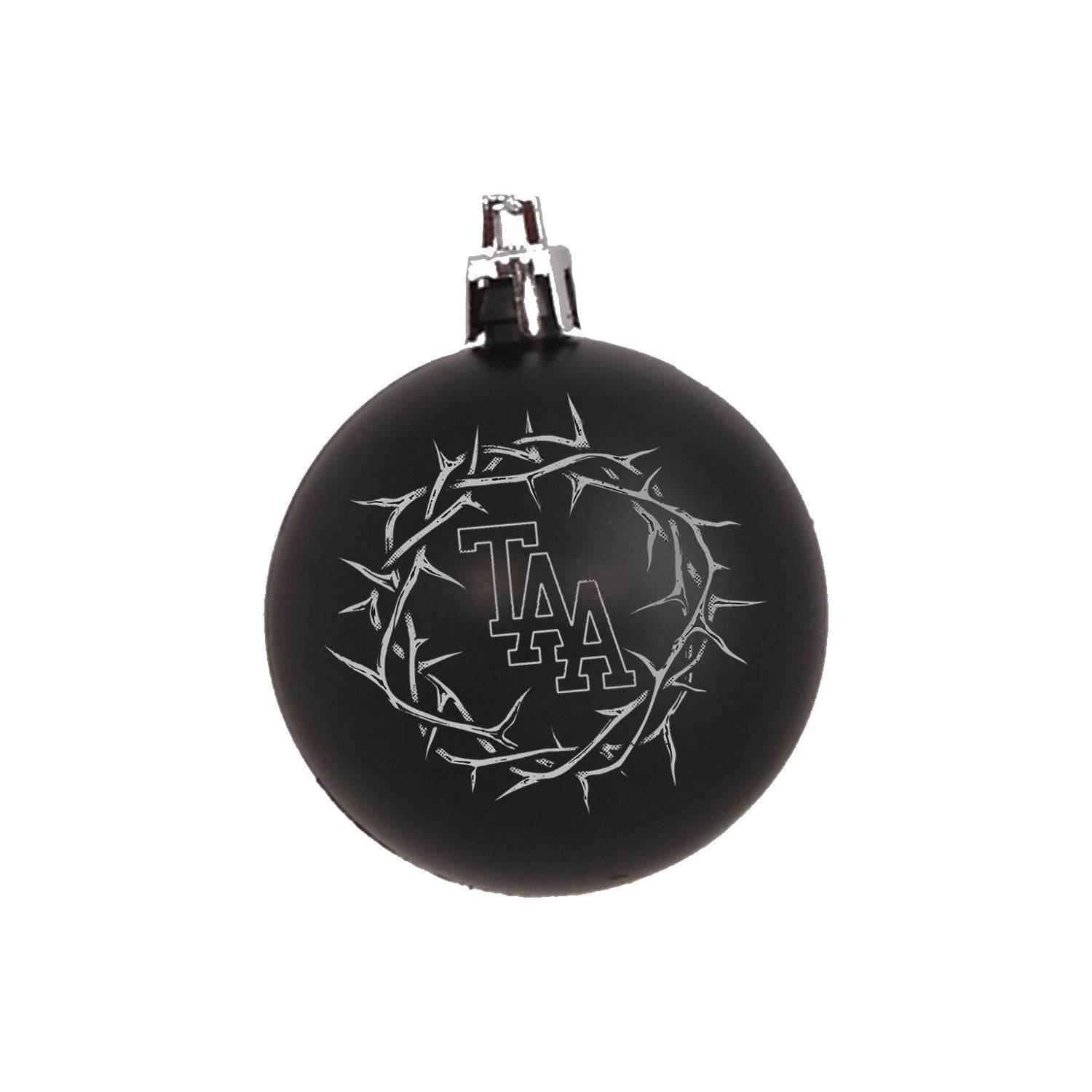 image of a round, ball black christmas ornament on a white background. white print of a barbed wire wreath with the letters T A A in the center of the bulb.