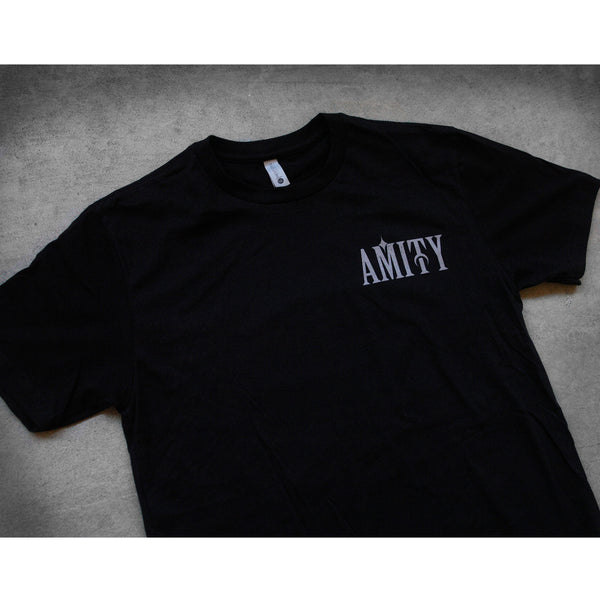 close up, angled image of a black tee shirt laid flat on a concrete floor. front of the tee  has a small right chest print in grey that says amity