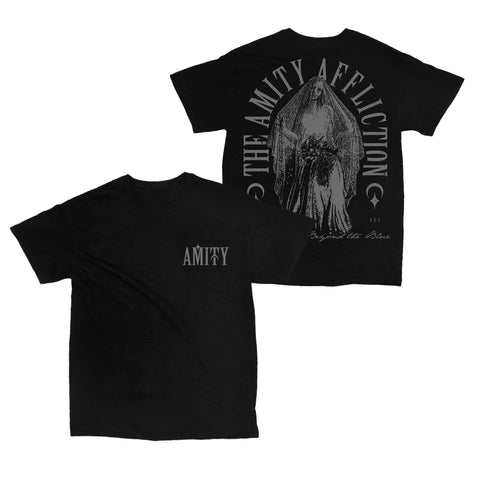 image of the front and back of a black tee shirt on a white background. front of the tee is on the left and has a small right chest print in grey that says amity. the back of the tee is on the right and has a full back print in grey of a bride with a veil. arched around the bride says the amity affliction. in cursive across the bottom says somewhere beyond the blue