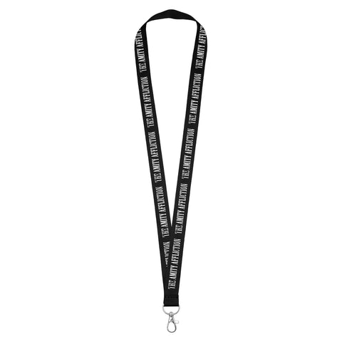 image of a black lanyard on a white background. white text repeating around that says the amity affliction