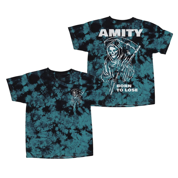 image of the front and back of a teal and black tie dye tee shirt on a white background. front of the tee is on the left and has a small right chest print in white of a grim reaper. the back of the tee is on the right and has a full back print in white of a grim reaper. at the top says amity and the bottom says born to lose