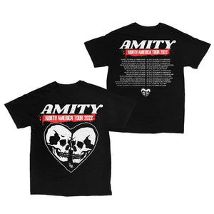 image of the front and back of a black tee shirt on a white background. front of the tee is on the left and has a full chest print of a heart with two skulls inside. across the top says amity north american tour 2022. back of the tee is on the right and has a full back print of the tour dates and locations. aross the top says amity north american tour 2022
