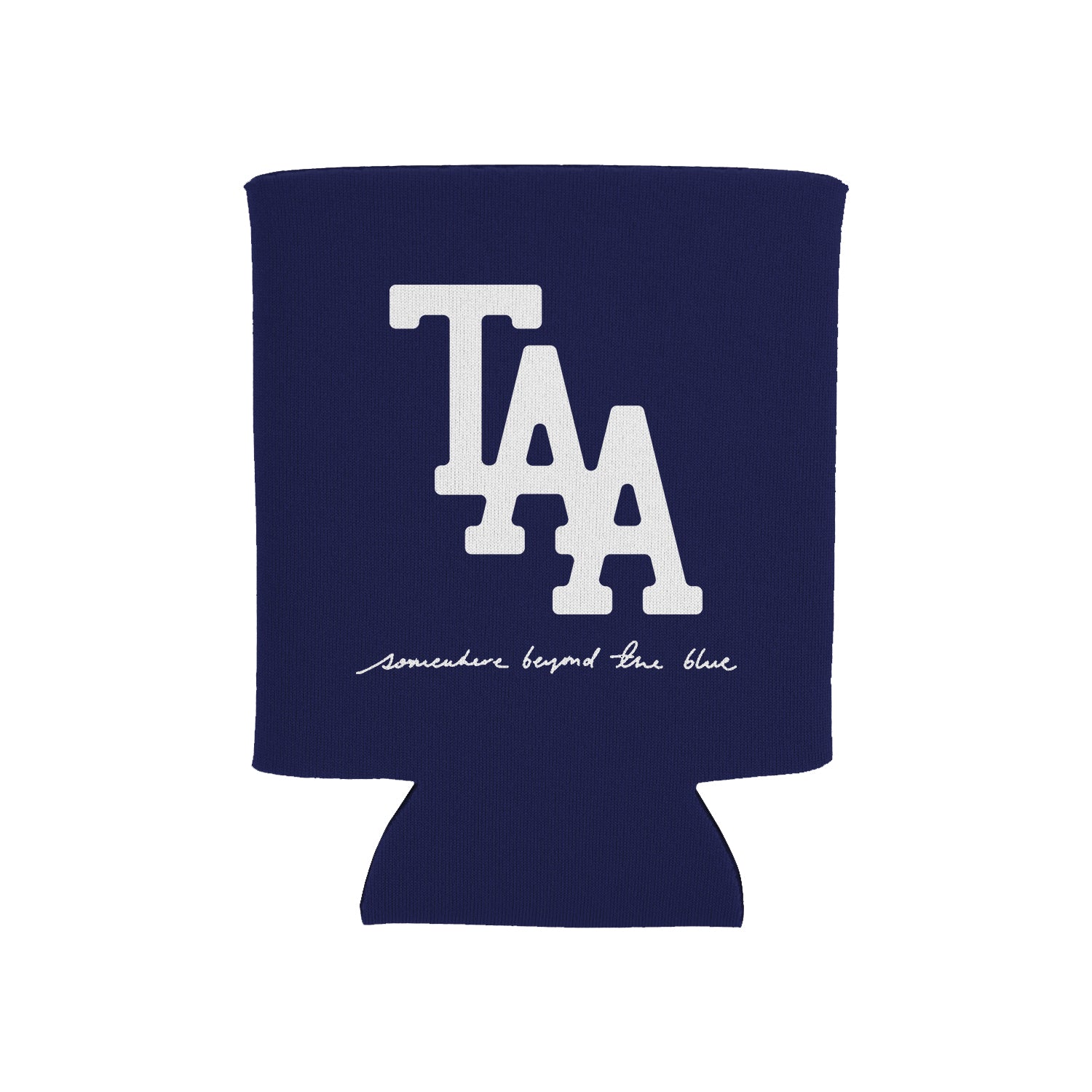 image of a navy blue drink koozie for a can. the koozie has a center print in white that has the letters T A A and below that in cursive says somewhere beyond the blue